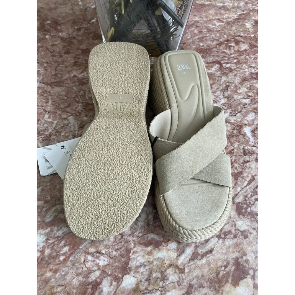 NWT Zara Jute Platform Y2K Wedge Heels Leather Upper Criss-Cross Sandals US 9/40 - Picture 9 of 10